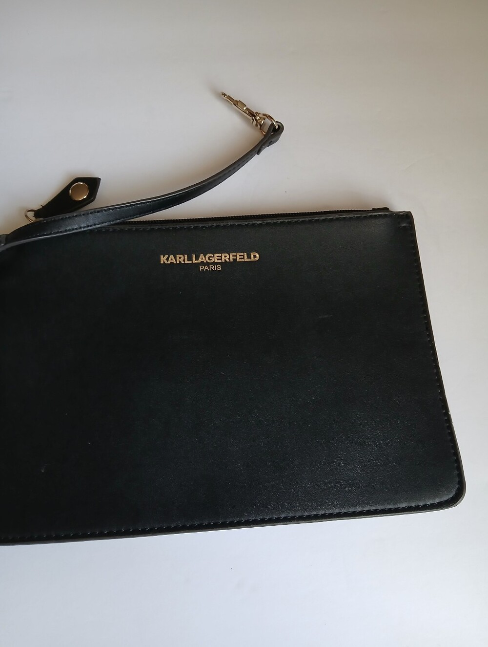 Karl Lagerfeld Black Leather Zip Pouch with Gold Logo